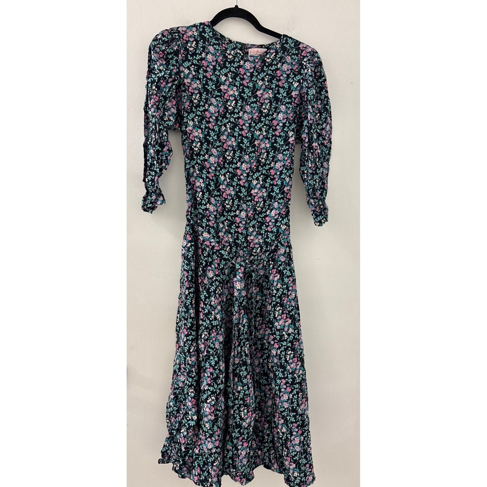 Vintage Jane Schaffhausen Belle France 80s Floral Dress Black Pink 10 Cottage